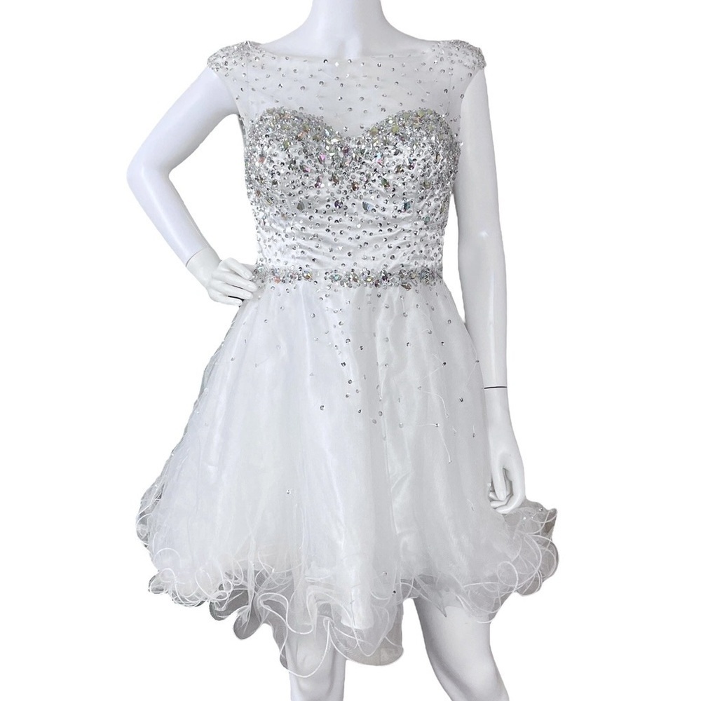 GLS Rhinestone Sequined Sheer Tulle Prom Homecoming Dress White Silver Size M